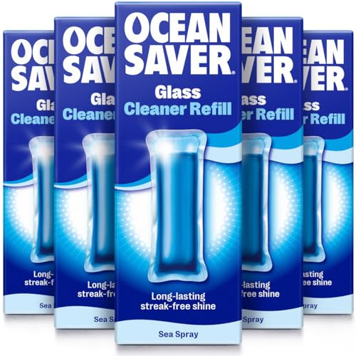 OceanSaver Eco Glass Cleaning Spray - 5x 10ml Refills | Powerful Just Add Water Glass, Mirror & Window Cleaner for Streak-Free Shine | Plant Based, Plastic-Free & Cruelty-Free | Sea Spray Scent