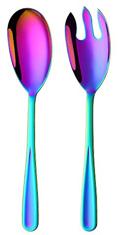 BISDARUN Lot de 2 cuillères et fourchettes à salade en acier inoxydable arc-en-ciel Grande cuillère et fourchette de service 30,5 cm de long