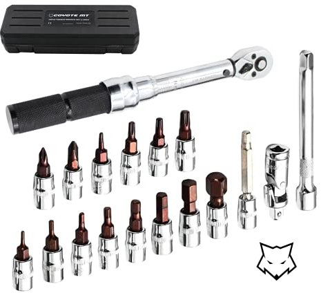 COYOTE MT 1/4 Inch Drive Click 1/4 Torque Wrench Set - S2 Bits – 2 to 20Nm - Bicycle Maintenance Kit for Road Bikes, Mountain Bikes, Motorbikes – Allen & Torx Sockets, Extension Bar, Case