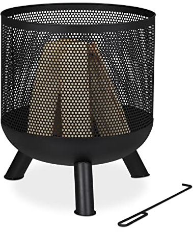 Relaxdays Feuerkorb, Mesh Design, Feuerrost, Schürhaken, Feuer im Garten, Feuertonne, Stahl, HxD: 53 x 44 cm, schwarz