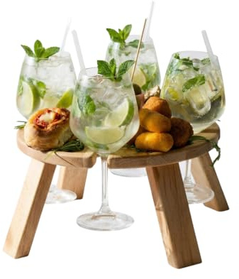 Tavolino Vassoio Aperitivo, Legno 100% Faggio, Tavolino Pic Nic, 4 Spazi Portabicchieri, Made in Italy