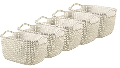 Curver Knit Effect Set of 5 Kitchen, Living room, Bathroom, Bedroom, Utility Rectangular Small Storage Basket 8 Litres - Oasis White