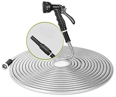 ZXCFTG Metall-Gartenschlauch, 7,5 m, Edelstahl, robuster Wasserschlauch mit Düse und Sprühfunktion mit 7 Funktionen, leicht, robust, flexibler Wasserschlauch