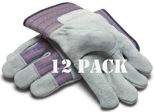 Greendale (3, 6 or 12 Pack - Leather & Cotton Work Gloves - Garage, Yard, Garden, Industrial, Commercial - One Size Fits Most (12, One Size)