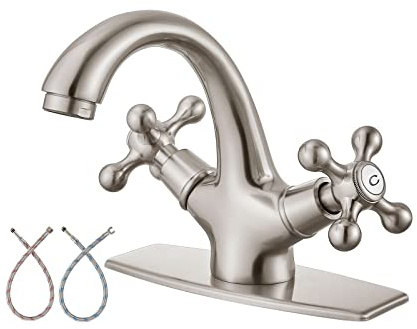 Aolemi Grifo de lavabo de baño de níquel cepillado con doble mango cruzado, dos perillas, grifo mezclador de agua fría y caliente para tocador, montaje en cubierta de un solo agujero con placa de