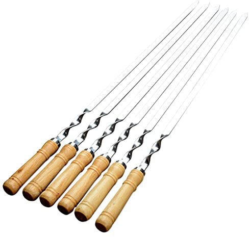 Bzwyonst 6Pcs 55cm BBQ Spiedini Manico Lungo Shish Kebab Barbecue Grill Stick Legno BBQ Forchetta In Acciaio All'aperto Grill Ago