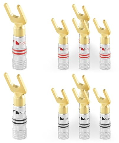 Nakamichi 24K vergoldeter Bananenstecker 12-18 AWG Gauge Größe 4mm für Lautsprecher Verstärker Hi-Fi AV Receiver Stereo Heimkino Audiokabel Stecker (10 Stück (5-Paar), Y-Anschluss Stecker)