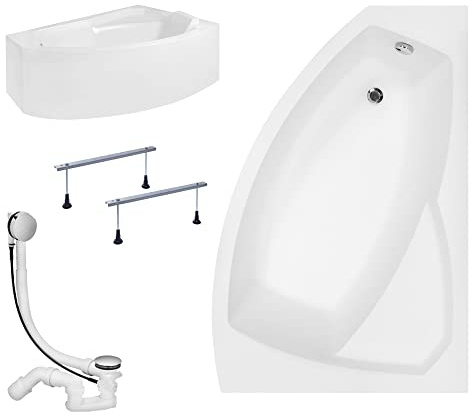 KOLMAN Badewanne RIMA Eckbadewanne 140x90 Rechts mit AcrylSchürze, Ablaufgarnitur und Füßen Komplettset 4in1 Premium Original Acryl Wanne Siphon