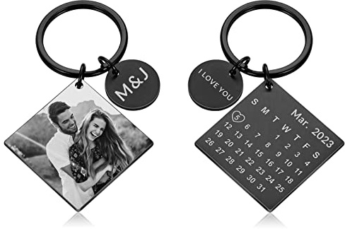 Buaodam Personalisierte Edelstahl Schlüsselanhänger mit Gravur Kalender,Foto und Text,Quadrat Keychain Schlüsselbund mit Kalender Gravur für Personalisierte Geschenke Familie, Freunde, Paar