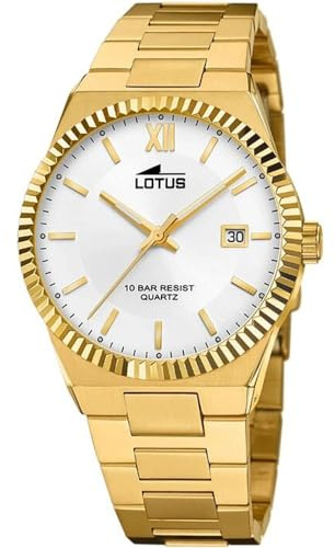 LOTUS Reloj Hombre Analógico de Acero Inoxidable 316l Dorado | Movimiento de Cuarzo, Calendario, Cristal Mineral de Alta Resistencia, Resistente al Agua 10 ATM 18837/1 Freedom
