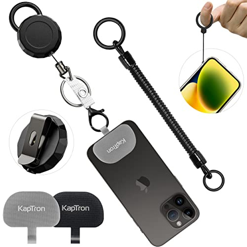 Kaptron Theft and Drop Protection Retractable Phone Tether, Retractable Keychain Badge Reel with Phone Tether Tabs & Mini Cellphone Lanyard