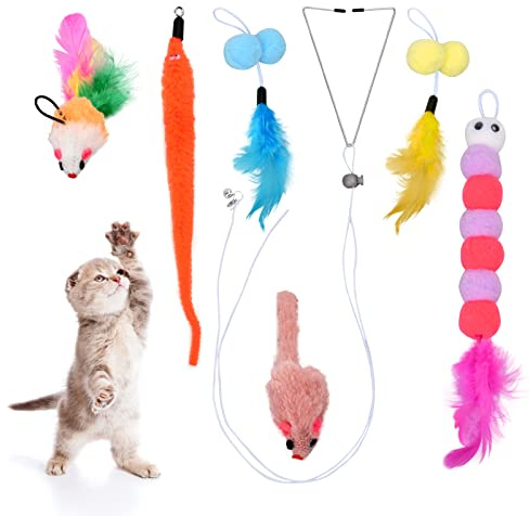 Laughhe 6 Stück Katzenspielzeug Selbstbeschäftigung - Hängende Türrahmen, Federn Set, Interaktives Spielzeug Mit Mäusen für Katzenauslauf Und Gegen Langeweile