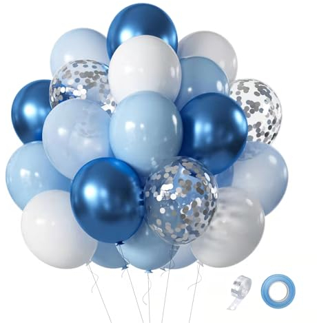Blue Balloons Set, 60 Pcs Blue White Balloon Light Blue Balloons with Metallic Latex Balloon for Wedding Birthday Baby Shower Party Anniversary Decoration
