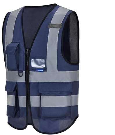 AYKRM 21 Färger Hög Vis-väst Med Dragkedja Fram, Hög Synlighet, Verkställande Väst Med Telefon Och ID-fickor, Marinblått Xsp, 7XL
