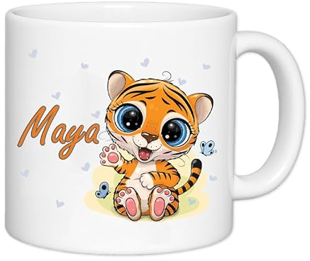 Tasse enfant résistante personnalisée – Ajoutez le prénom | Cadeau original pour enfant | Plusieurs motifs | Plastique solide | 180mL (Tigre)