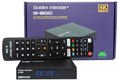 Golden Interstar G-300 4K UHD Android 11 TV Streaming Box 5G WiFi double bande, télécommande Bluetooth, commande vocale, USB 2.0 HDR10+, 2 Go de RAM & 32 Go Flash, récepteur TV IP OTT, Bluetooth 5.1