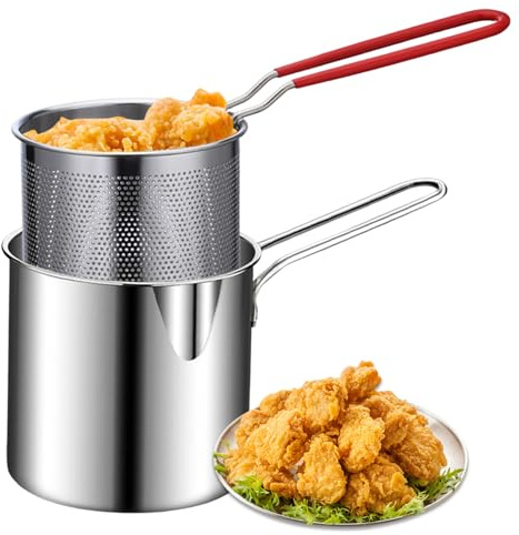 Olla de freidora profunda con canasta 2 piezas/set 1.2l manipulado con manzana de acero inoxidable espejo sin recubrimiento ollas de freír cepilladas para papas fritas de pescado freidora de pescado