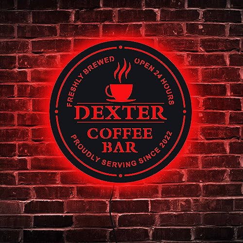 Decoración de pared personalizada de metal con luz LED, nombre de amante del café personalizado, decoración para sala de estar, cocina, decoración del hogar, panel luminoso