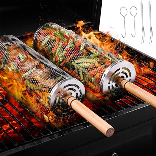 Cestello per barbecue in acciaio inox, 2 pezzi, accessori per barbecue con manico in legno, cestino cilindrico per barbecue all'aperto, cestino per verdure alla griglia, spiedini per carne, frutti di