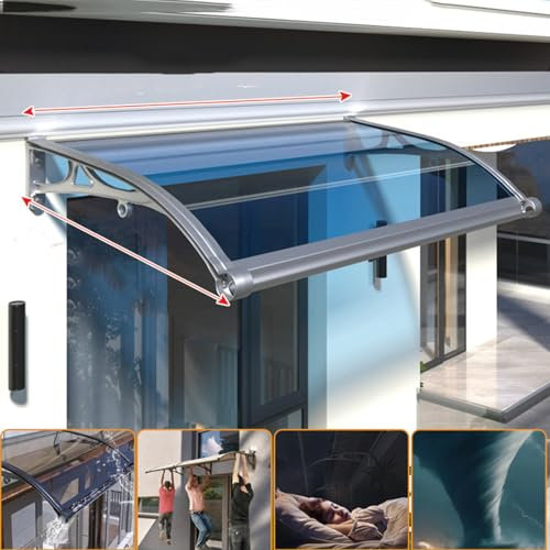 Rain Shelter Cover with Large Water Gide Front Door Canopy Window Garden Patio Porch Shelter,Roofing Canopies,Blue Polycarbonate Cover,Silver Aluminium Bracket (150 x 440cm)