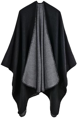 Poncho de punto para mujer, bufanda de cachemira sintética, reversible, de gran tamaño, cálida, envolvente, chal, cárdigan, bufanda frontal abierta, abrigo para primavera, otoño e invierno, Negro,