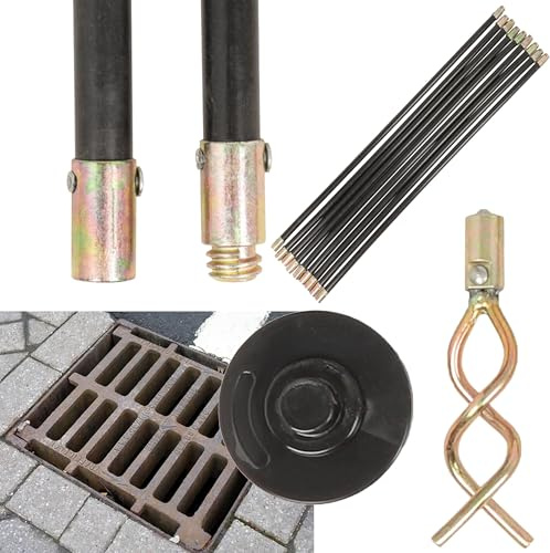 12pc Drain Unblocker Rod Set with Plunger, Rods & Worm | Ideal For Domestic Drainage Pipes Clear Blocked Drains & Pipes