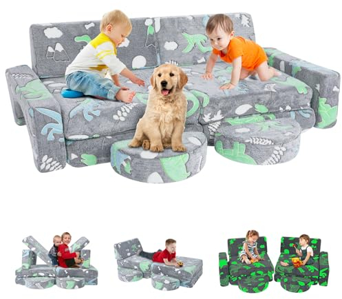 Qivine Sofá infantil 10 en 1 Convertible, Sofá Cama Luminoso para Niños, Sillón Infantil Plegable con Respaldos, Reposabrazos y Cojines, Suave y Elástico, para Salón de Juegos, Dinosaurios