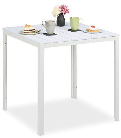Relaxdays Mesa Jardín Efecto Madera, Mesita Balcón Resistente Intemperie, 74,5x78x78 cm, Plástico y Acero, Blanco