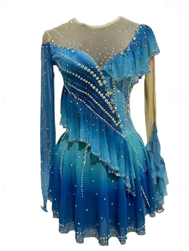 JRUIA Blue,12_15Years,Women's Professional Figure Ice Skating Competition Wear Girls' Gradient Roller Skate Dress Gymnastics Activewear