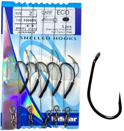 PRO FILSTAR Angelhaken CARP Set 5Stk, N2 mit Vorfach & Wirbel, Flechtschnur | 25cm - Angeln Karpfen Zubehör - Carp Fishing Hook - Boilies & Pellet Haken - Method Feeder – Vorfachschnur - Sport Set
