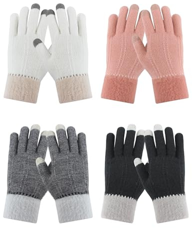 PKWEEN 4 Pairs Winter Gloves for Women Cold Weather, Womens Warm Knit Gloves Winter Texting Gloves with Soft Warm Lining (3 Touchscreen Fingers, Black/Light Grey/Pink/White)