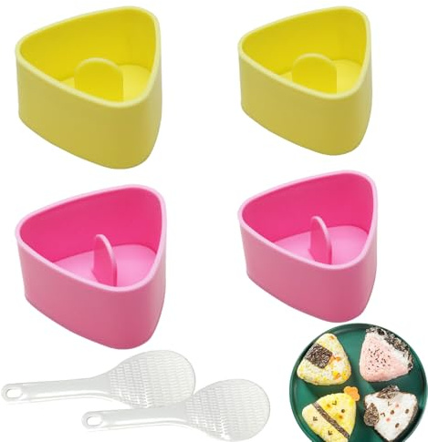 Gfamous 2 Grands 2 Petits Moule Onigiri,avec 2 CuillèRe à Riz,Sushi Moule Onigiri,Moules à Sushis pour Onigiri,Moule À Boules De Riz Onigiri,Pour faire des sushis,rose et jaune