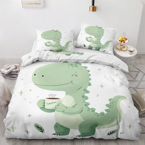 QBIDCSX Bettwäsche 135x200 GrüNer Dinosaurier Kinderbettwäsche Bettwäsche Set für Kinder Mädchen, Weiche Mikrofaser Bettbezüge 135x200 cm mit Reißverschluss + 2 Kissenbezug 80x80 cm
