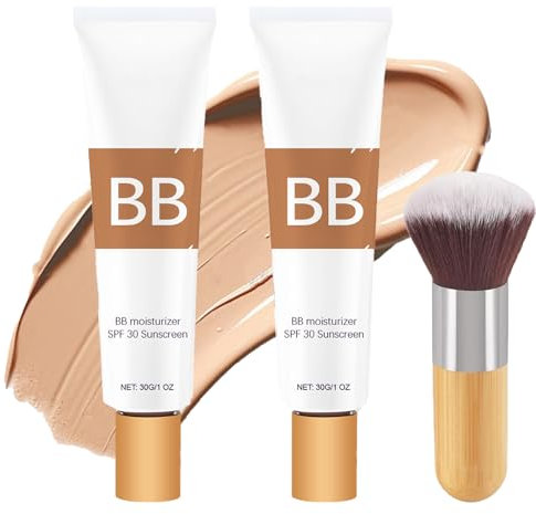 2Pcs BB Blur Tinted Moisturizer with Brush, BB Cream Tinted Moisturiser Spf 30+, Face Cream with Broad Medium Spectrum，Hydrates & Smooths Your Skin(Natural)