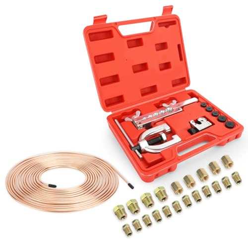 WODHMIEY Brake Pipe Flaring Tool Kit with 25ft 3/16 Copper-Plated Steel Brake Line, 16 Fittings, 5 Nuts, Tubing Cutter & Flaring Adapters for Automotive Hydraulic Brake Fuel Transmission Line Repair