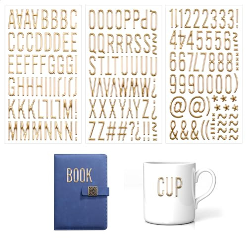 3 Blatt Aufkleber Buchstaben und Zahlen Gold Glitzer Klebebuchstaben zum Kleben Goldbuchstaben 3D Selbstklebende Buchstaben Alphabet und Zahlen Aufkleber für Harz Scrapbooking