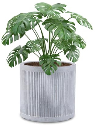VOSSMOON Large Plant Pots Outdoor Garden Trees Indoor Flowers, 30.5cm Round Concrete Planter Plant Containers Suitable for Big Olive Tree with Drainage Holes, Grey Vertical Texture
