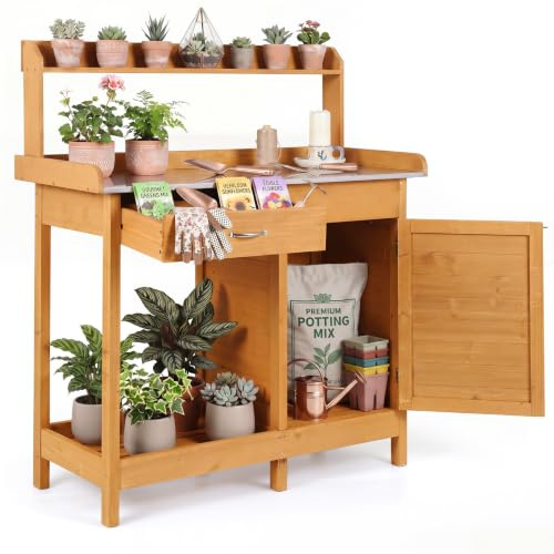 RELAX4LIFE Table de Rempotage en Bois 125CM, Table de Jardinage (Naturel) | avec Plateau Ouvrable en Métal, Étagères Tirroir Armoire Ouverte 3 Crochets, Plan de Travail pour Terrasse Jardin Porche