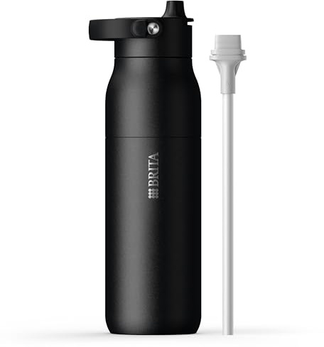 BRITA LARQ Essential Edelstahl Trinkflasche mit Strohhalm (1L) schwarz | Edelstahl Wasser-Flasche ohne Filter, doppelwandige Isolierung (24h kalt), mit abnehmbarem Henkel, spülmaschinengeeignet