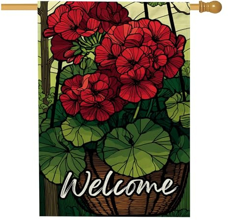 Bandera de jardín de bienvenida, decoración de patio con flores de geranio rojo, pancarta floral de doble cara, decoración de jardín al aire libre, 28 x 40 pulgadas