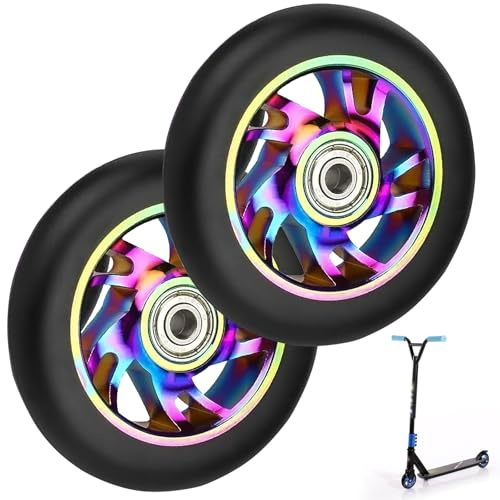 Kinfezlon 2 Stück Stunt Scooter Rollen 100mm, Ersatzräder für Stunt Scooter Reifen88A, Aluminium Roller Reifen mit ABEC-9scooter Räder-Lager für meisten Stuntscooter und Kickscooter