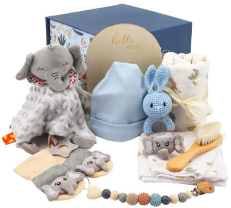 Neugeborenen Geschenk,12 In 1 Baby Set Neugeborene,Baby Geschenkset,Mit Lätzchen,Schmusetuch, Decke, Lätzchen, Socken, Dreieckstuch And Wooden Rattle,Geschenke Zur Geburt Für Jungen Und Mädchen (Grau)