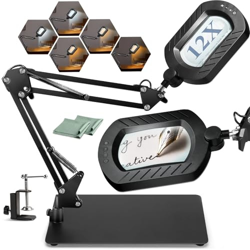 12X Square Magnifying Glass with Light and Stand with 144 LEDs Brightness, 5 Color Modes Hands Free Lighted Magnifying Glass, 10 Dimmable Brightness Magnifying Desk Lamp for Close Work Craft Reading