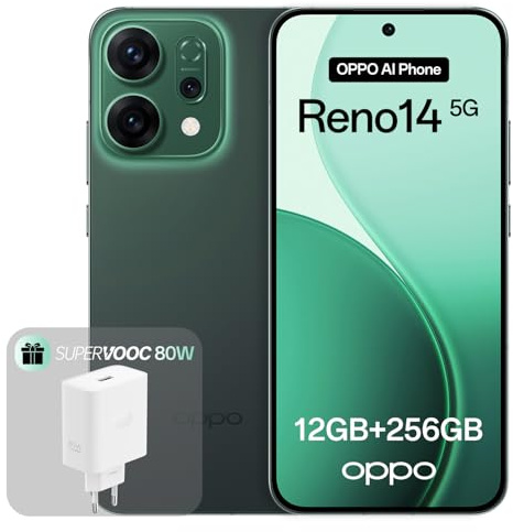 OPPO Reno14 5G 12+256GB, Smartphone Android liberado con IA, Pantalla 6,59 120Hz AMOLED, Cámara AI 50+50MP, Batería 6000mAh, Resistencia al Agua IP69, Luminous Green (Incluye Cargador 80W SUPERVOOC)