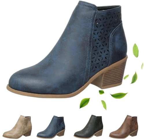 Stivaletti ortopedici da donna, con tacco medio, in pelle, stile retrò, stile western, a punta, stivali Chelsea con tacco grosso, stivali da cowboy, Blu, 46 EU