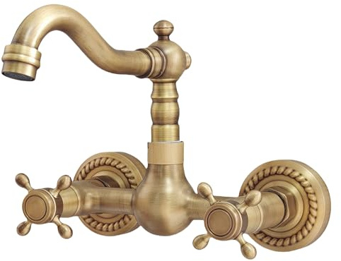 KOPYFANTAP Rétro Robinet Cuisine Mural Laiton Antique à Deux Poignées | Vintage Mitigeur Mélangeur Mural Évier, Pivotant à 180°, Bec de 16 cm, pour Évier Cuisine et Lavabo Salle de Bain