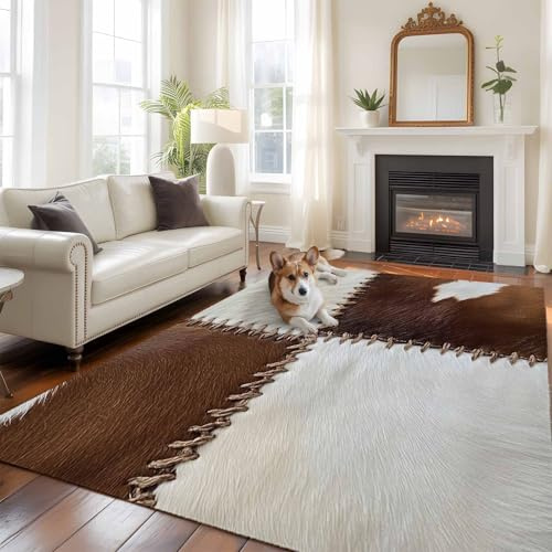 Collage Cowhide Area Rug 8x10, Abstract Brown Seam Cow Leather Non Slip Area Rugs for Living Room, Soft Floor Mat Washable Low Pile Carpet for Bedroom, Dining Room, Entryway