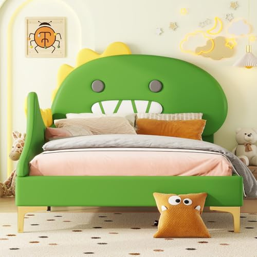 MUZHIXIANG Platt säng dinosaurie PU tecknad design barnsäng djurform leksäng grön fantasi säng barnrum möbler (grön + PU + 90 cm x 200 cm)
