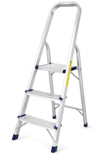 S SHAM ®3-Step Folding Aluminium step Ladder with Safety Rail, Non-Slip Steps & Feet, Durable Aluminium Frame, 150kg Weight Limit, EN131 for Household & Workplace Task/Lightweght