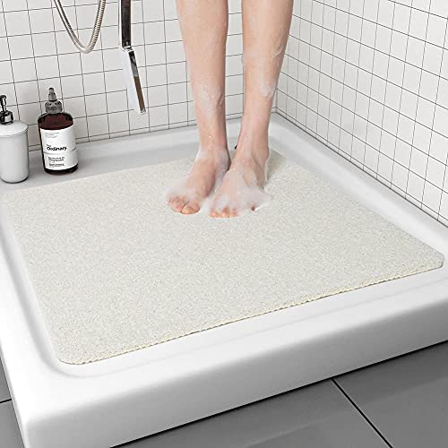 MORROWCAMP Tapis de Douche Antidérapant, 60 x 60 cm Tapis de Bain Carré en Luffa avec Drain, Tapis de Salle de Bain à Sol Mouillé, Tapis de Douche en PVC, Séchage Rapide (Blanc)